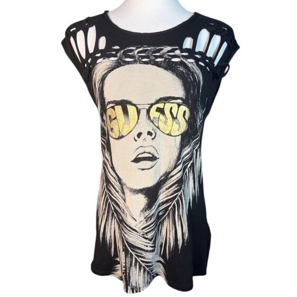 Guess Los Angeles Womens Black Graphic Cutout Braided Shoulder Tee W51I55K19U0 M